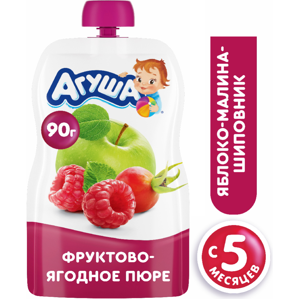 Пюре фрутово-ягодное «Агуша» из яблока, малины и шиповника, 90 г #0