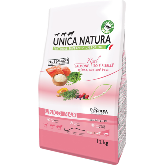 Корм для собак «Unica Natura» Maxi, лосось/рис, 12 кг