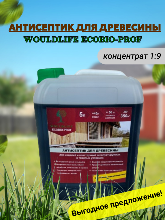 Антисептик для защиты древесины WOULDLIFE ECOBIO-PROF (концентрат 1:9, 50 л готового раствора), 5 л