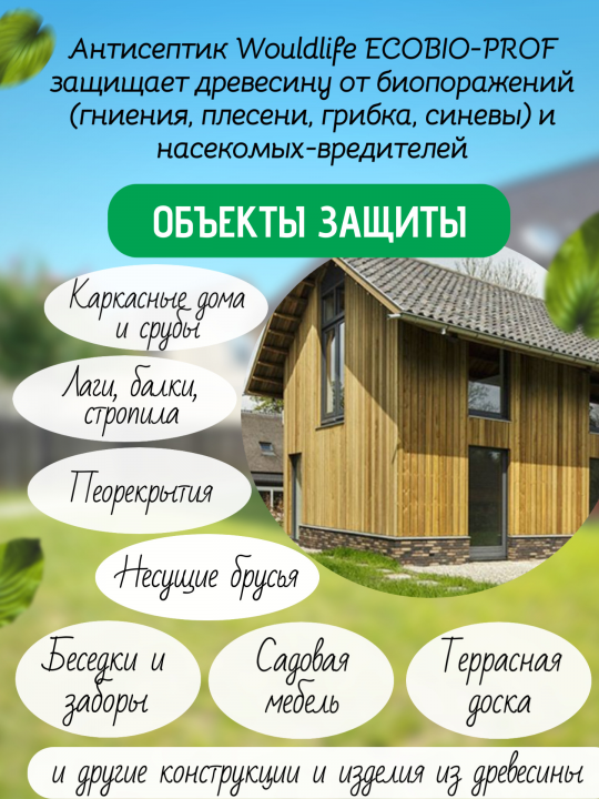 Антисептик для защиты древесины WOULDLIFE ECOBIO-PROF (концентрат 1:9, 50 л готового раствора), 5 л