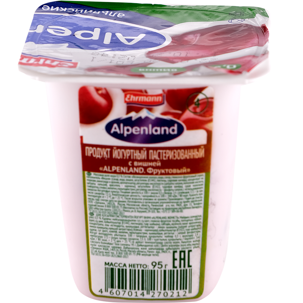 Йогуртный продукт «Ehrmann» Аlpenland, фруктовый, вишня/нектарин/дикий апельсин, 0.3%, 95 г #0