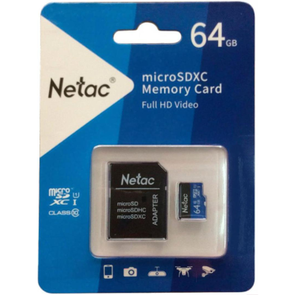 Карта памяти «Netac» MicroSDXC 64GB Class 10 UHS-I P500 Standard с адаптером, NT02P500STN-064G-R