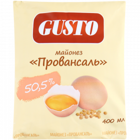 Май­о­нез «Gusto» Про­ван­саль сто­ло­вый де­ли­ка­тес­ный 50.5%, 400 мл