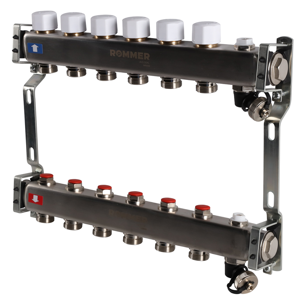 Коллектор из нерж. стали ROMMER 6 вых. без расходомеров, с клапаном вып. воздуха и сливом