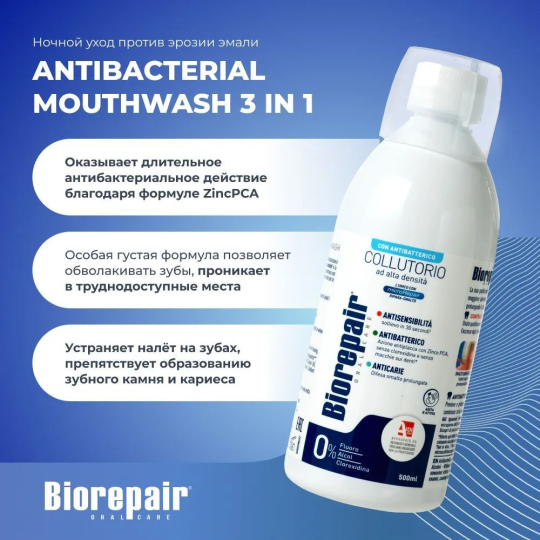 Ополаскиватель для полости рта Biorepair Antibacterial Mouthwash антибактериальный без спирта 500 мл