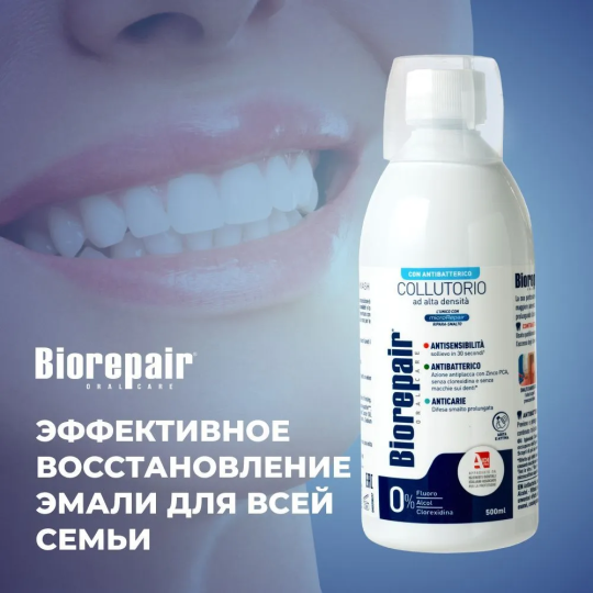 Ополаскиватель для полости рта Biorepair Antibacterial Mouthwash антибактериальный без спирта 500 мл