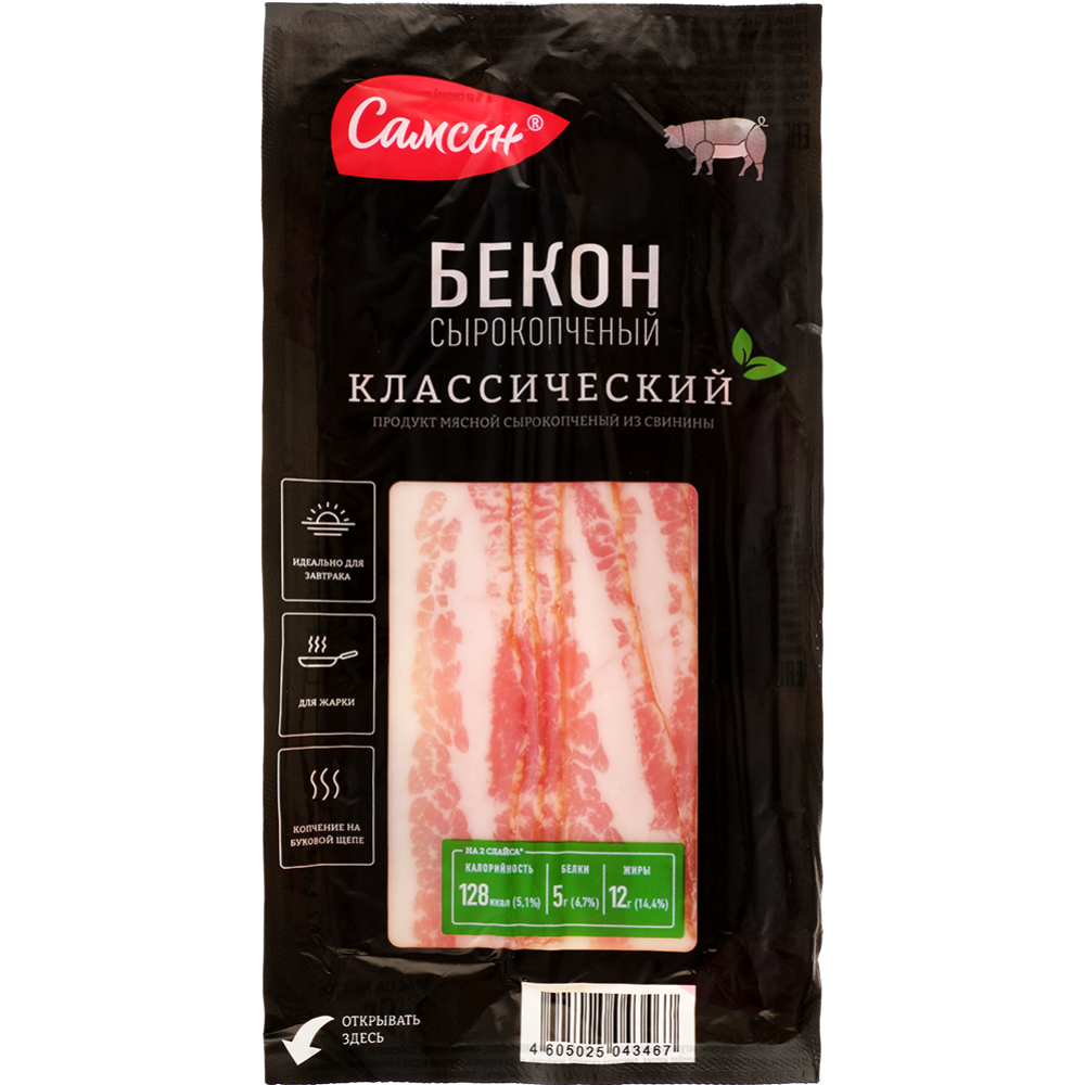 Про­дукт мясной сы­ро­коп­чё­ный из сви­ни­ны «Бекон Клас­си­че­ский» 140 г