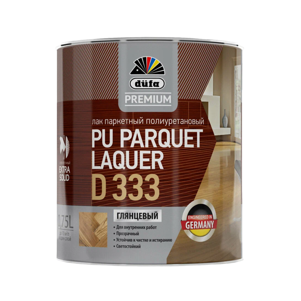 Лак паркетный полиуретановый Dufa Premium PU Parquet Laquer D333, для мебели, износостойкий, глянцевый, 0.75 л