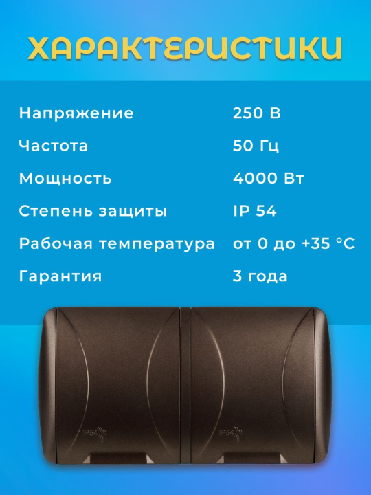 Розетка двойная 2П+3 открытой установки IP54 16А с крышкой шоколад "Селигер" TDM SQ1818-0214