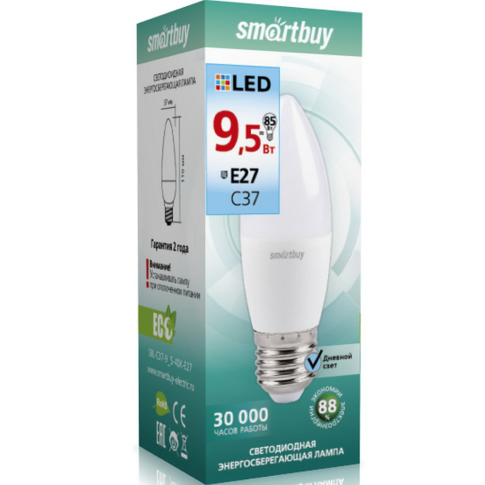 Све­то­ди­од­ная  лампа «Smartbuy» C37, 9,5W, 4000K, E27, днев­ной белый свет.