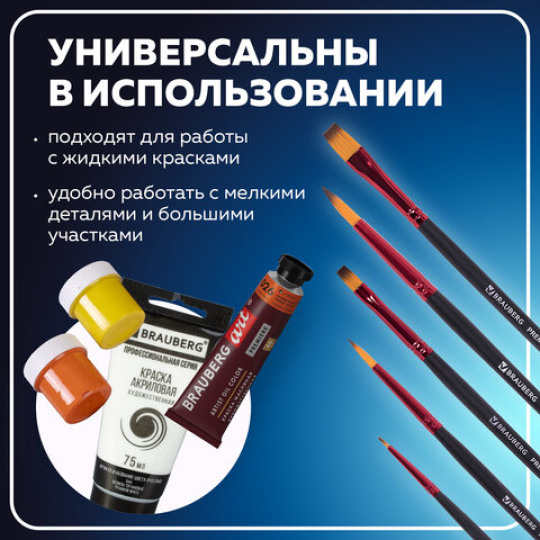 Кисти BRAUBERG PREMIUM, набор 5 шт. (синтетика, круглая № 1, 3, 5, плоская № 5, 8)