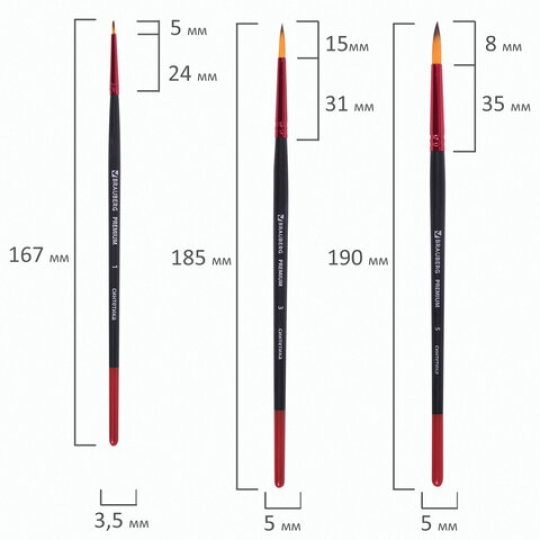 Кисти BRAUBERG PREMIUM, набор 5 шт. (синтетика, круглая № 1, 3, 5, плоская № 5, 8)