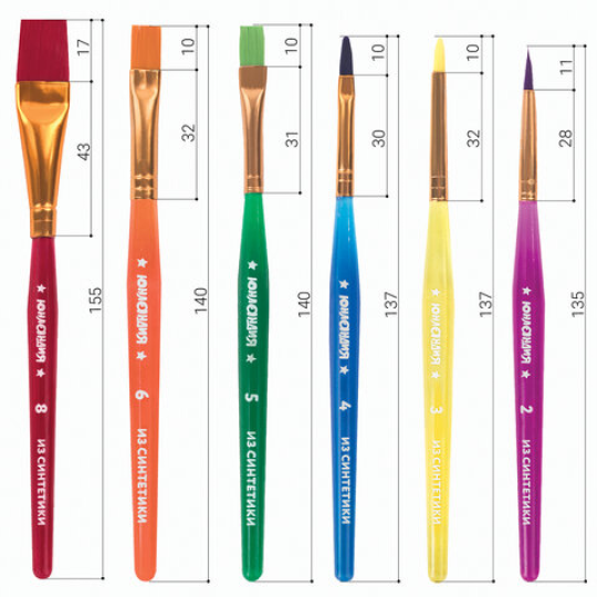 Кисти ЮНЛАНДИЯ, набор 6 шт. (СИНТЕТИКА: круглые № 2, 3; плоские № 4, 5, 6, 8)