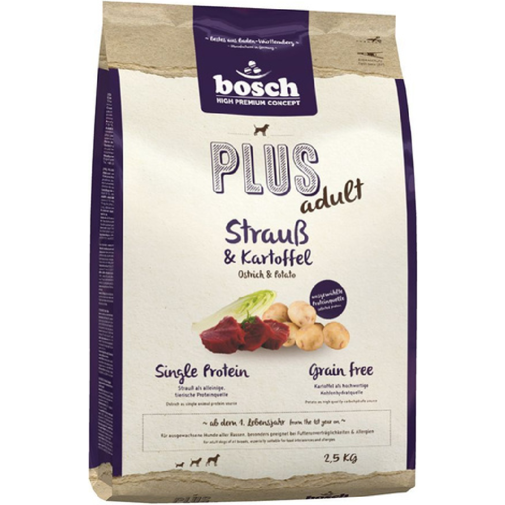 Корм для собак «Bosch» Plus, Adult, 5360025, страус/картофель, 2.5 кг