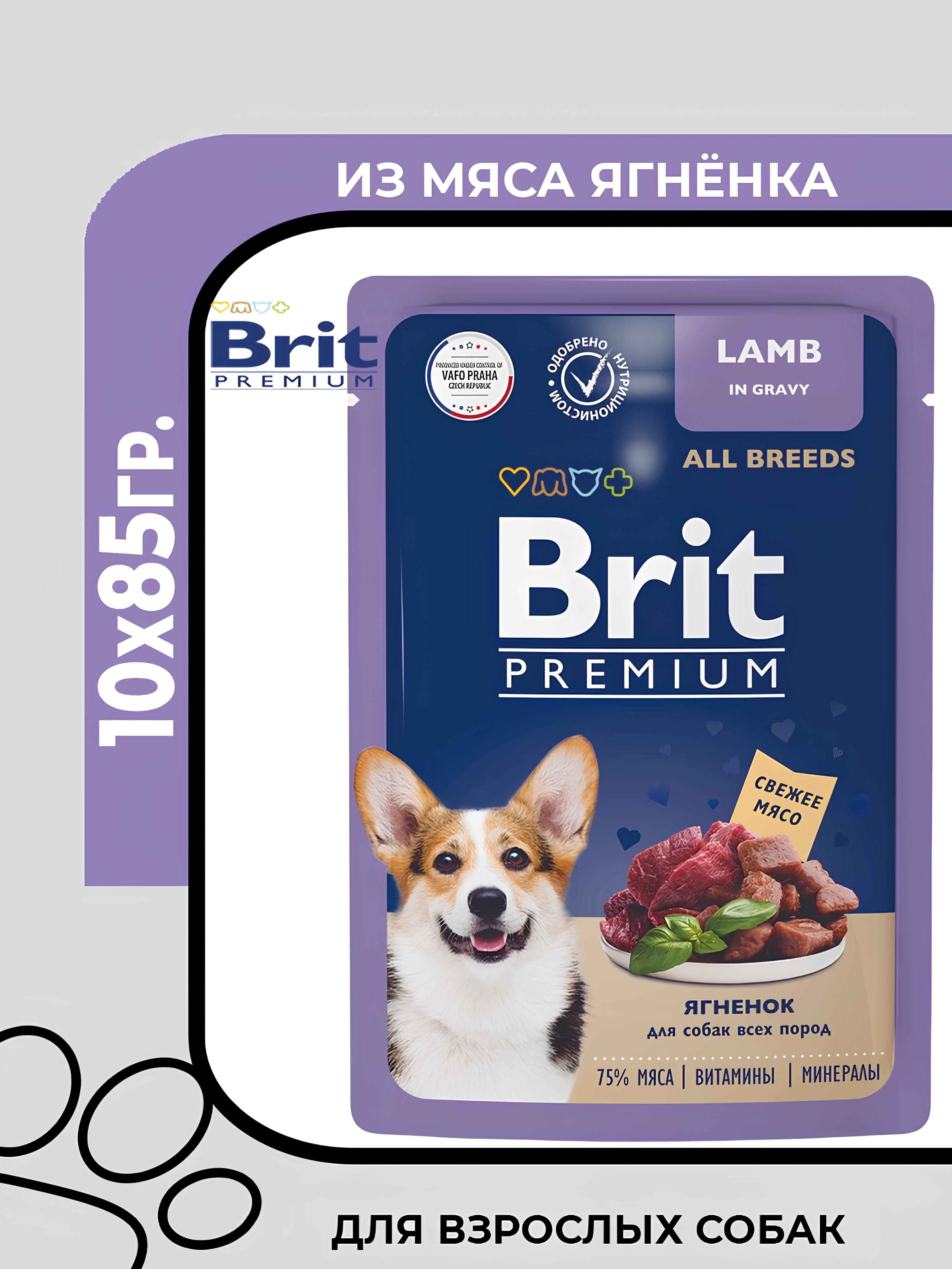 Пауч Brit Premium Dog для взрослых собак всех пород с ягнёнком в соусе, 10х85гр.