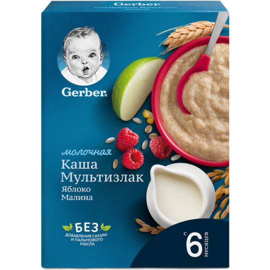 Каша сухая молочная «Gerber» мультизлаковая, с яблоком и малиной, 180 г