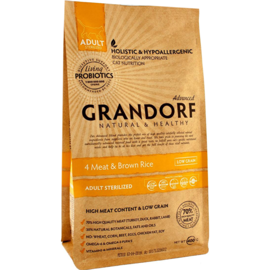 Корм для кошек «Grandorf» 4 Meat&Rice Probiotic Sterilised, с пробиотиком, 400 г