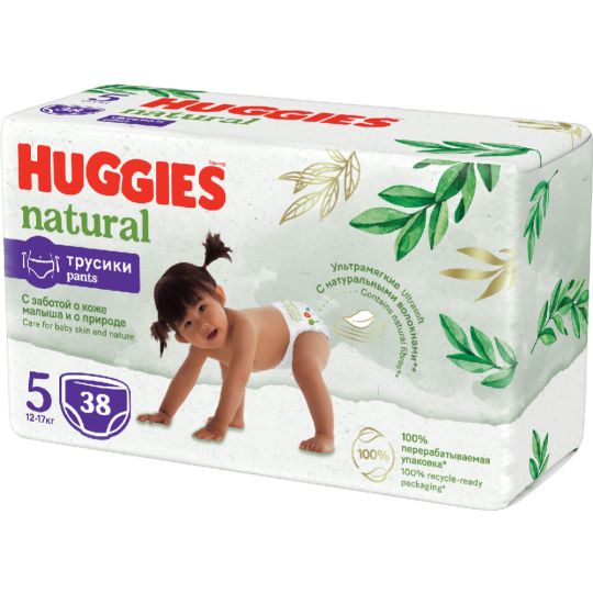 Подгузники-трусики детские «Huggies» Natural mega, размер 5, 12-17 кг, 38 шт