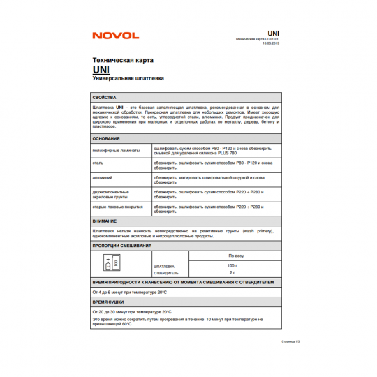 Шпатлевка универсальная NOVOL UNI - 0.75 кг