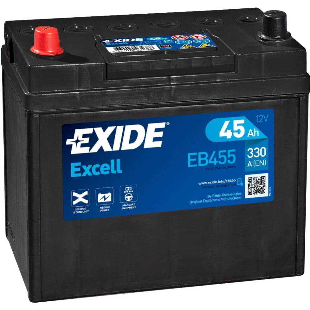 Аккумулятор автомобильный «Exide» EB455, 45 А/ч, 237x127x227 мм