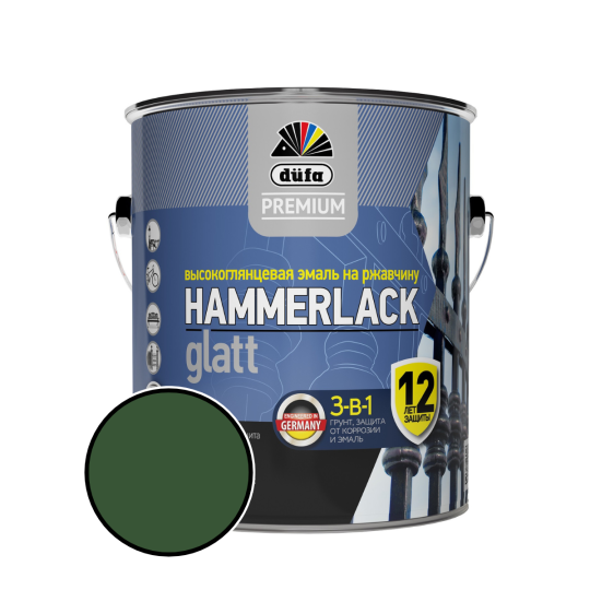 Эмаль по ржавчине 3 в 1 Dufa Premium HAMMERLACK, гладкая, высокоглянцевая, RAL -6005 (Зеленый мох), 2 л