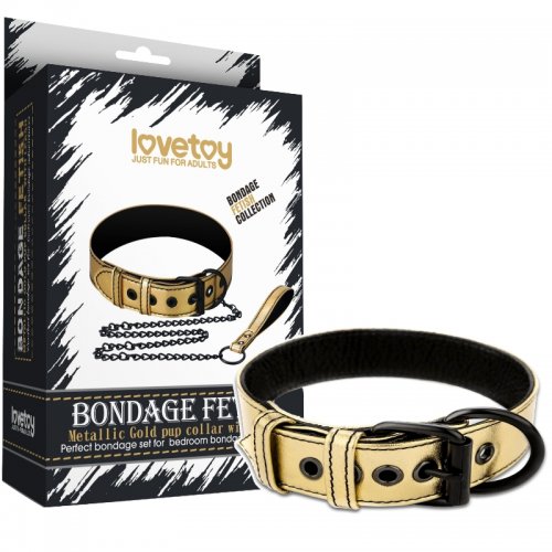 Ошейник с поводком на цепи Bondage Fetish Black Matt Collar With Leash золотистый