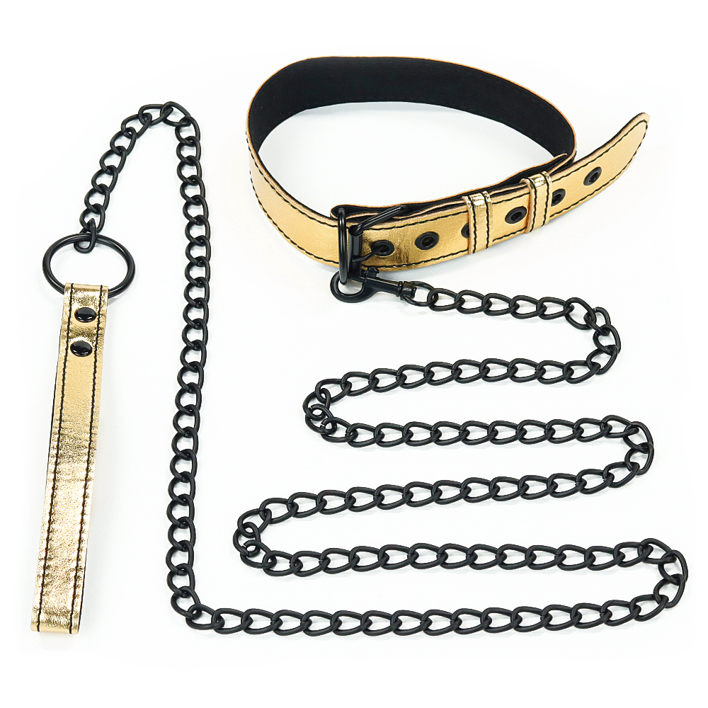 Ошейник с поводком на цепи Bondage Fetish Black Matt Collar With Leash золотистый