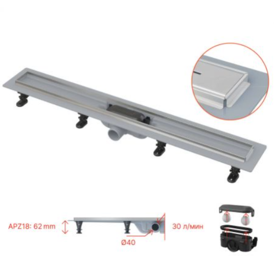 Водоотводящий желоб Alca APZ18-950 Simple, со стальным бортиком и решеткой