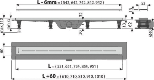 Водоотводящий желоб Alca APZ18-950 Simple, со стальным бортиком и решеткой