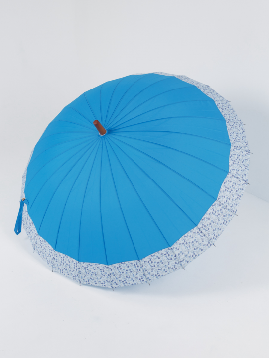 Зонт трость женский большой купол 24 спицы с деревянной ручкой механический прочный каркас голубой