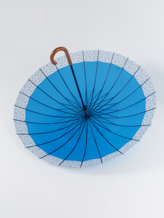 Зонт трость женский большой купол 24 спицы с деревянной ручкой механический прочный каркас голубой