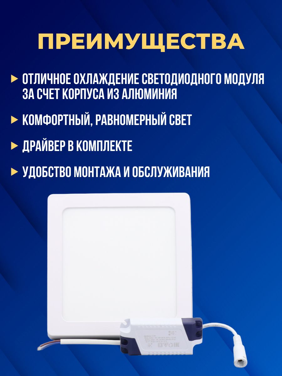 Светильник светодиодный накладной "Даунлайт НАРОДНЫЙ" квадрат СПО (белый) алюминий 12Вт 4000К SQ0329-4204