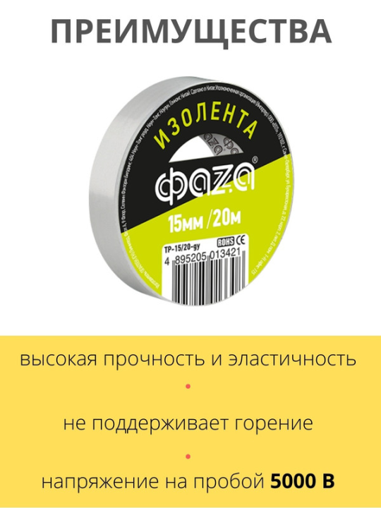 Изолента 15/20 Изолента ПВХ ФАZА 15мм * 20м серая .5013421(5)