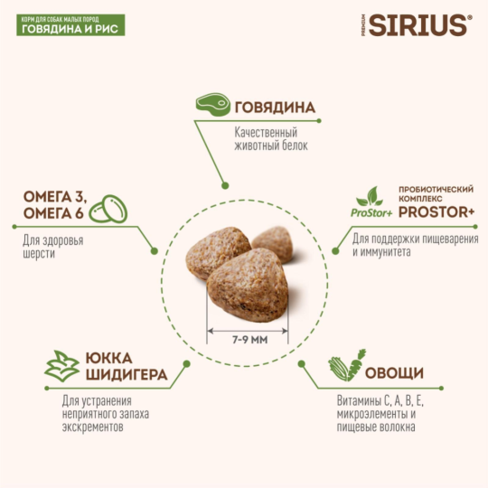 Корм для собак «Sirius» для малых пород, говядина и рис, 10 кг