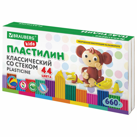 Пластилин классический BRAUBERG KIDS, 44 цвета, 660 грамм, стек