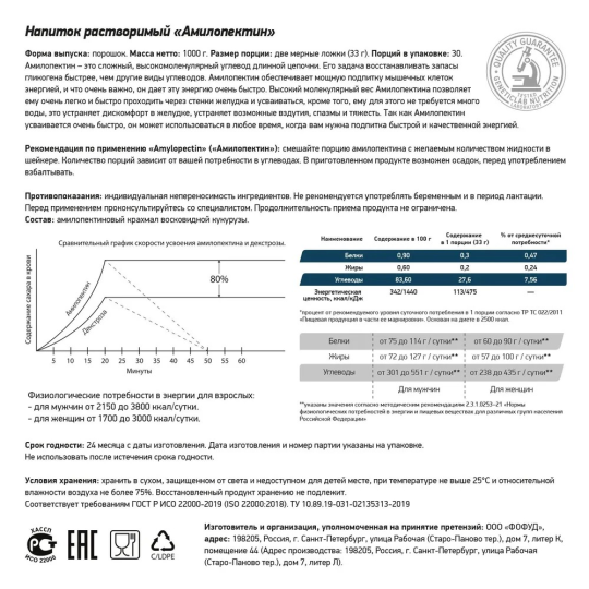 Амилопектин Geneticlab Nutrition 1000 грамм нейтральный без вкуса AMYLOPECTIN сложный углевод гейнер Генетиклаб