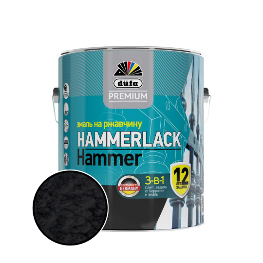 Эмаль по ржавчине 3 в 1 Dufa Premium HAMMERLACK, молотковая, глянцевая, черный, 0.75 л