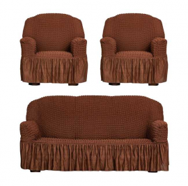 Комплект-Набор чехлов на 3 местный диван и 2 кресла. С юбкой.Жатка Люкс. Шоколад