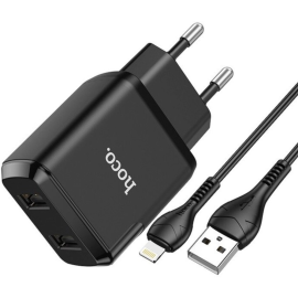 Сетевое зарядное устройство «Hoco» 23753-N7iBK, N7, 2хUSB-А, 2.1А + кабель AM-8pin Lightning, 1 м