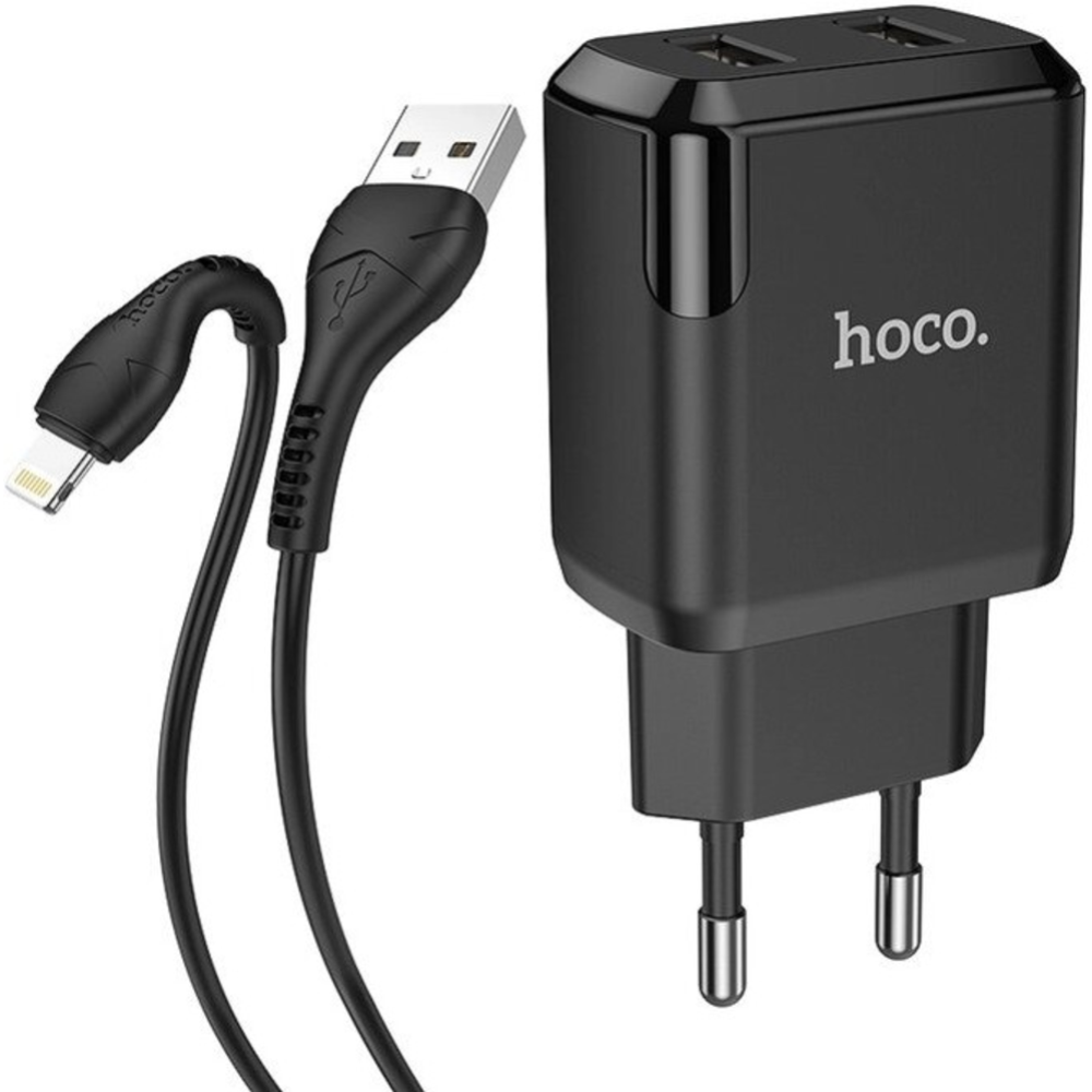 Сетевое зарядное устройство «Hoco» 23753-N7iBK, N7, 2хUSB-А, 2.1А + кабель AM-8pin Lightning, 1 м