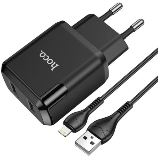 Сетевое зарядное устройство «Hoco» 23753-N7iBK, N7, 2хUSB-А, 2.1А + кабель AM-8pin Lightning, 1 м