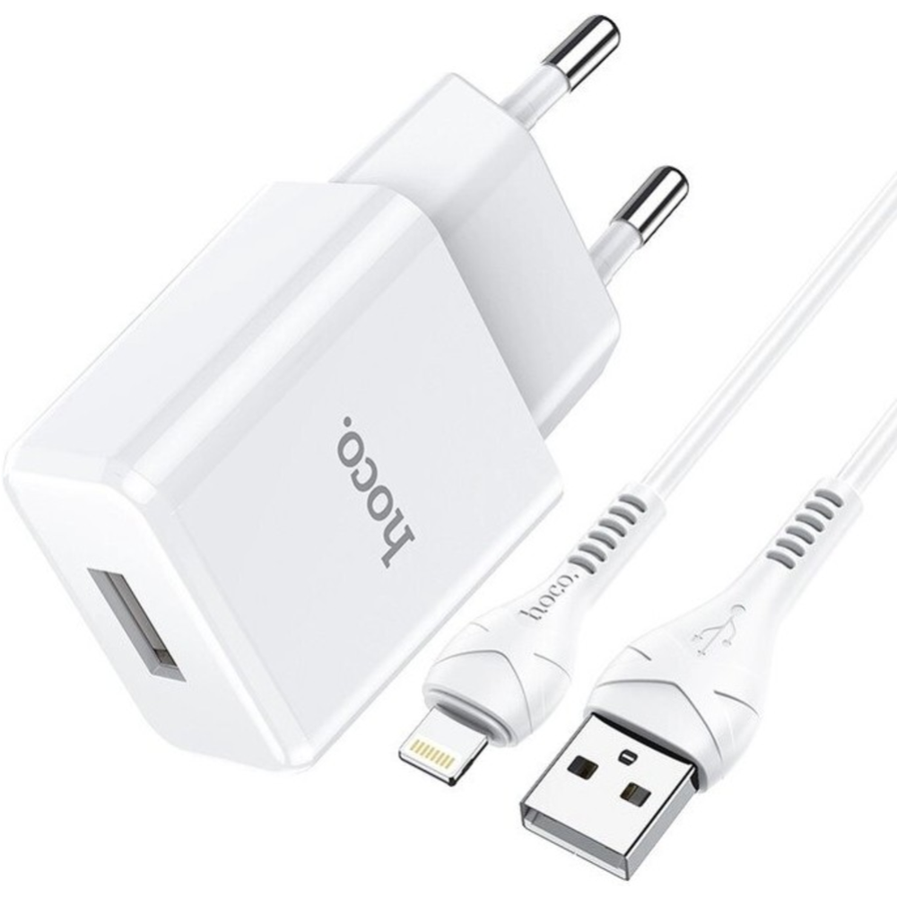 Сетевое зарядное устройство «Hoco» 23753-N9iW, N9, 1хUSB-А, 2.1А + кабель AM-8pin Lightning, 1 м