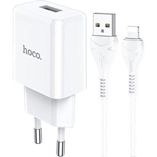 Сетевое зарядное устройство «Hoco» 23753-N9iW, N9, 1хUSB-А, 2.1А + кабель AM-8pin Lightning, 1 м