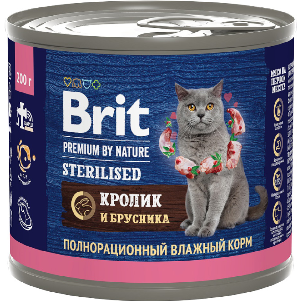 Консервы для кошек «Brit» Premium Sterilised, 5051328, кролик/брусника, 200 г