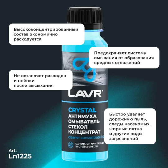 Жидкость стеклоомывателя / омыватель стекол Антимуха Crystal LAVR, 125 мл / Ln1225