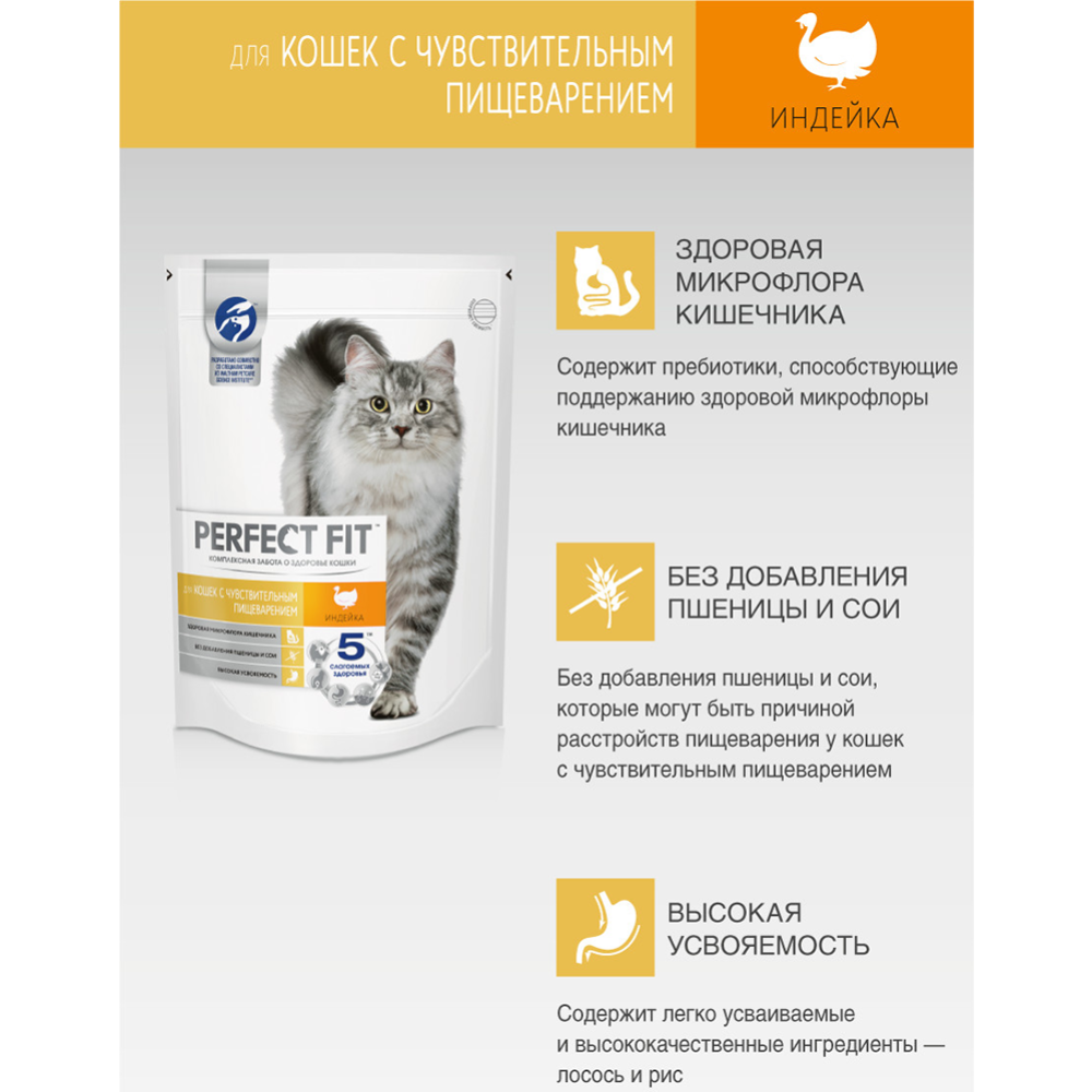 Корм для кошек «Perfect Fit» для взрослых кошек с индейкой, сухой, 190 г