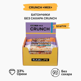 Батончики без сахара CRUNCH 12шт 30гр R.A.W. LIFE ассорти: Кокос-Миндаль, Пекан-Кешью, Черника-Ваниль