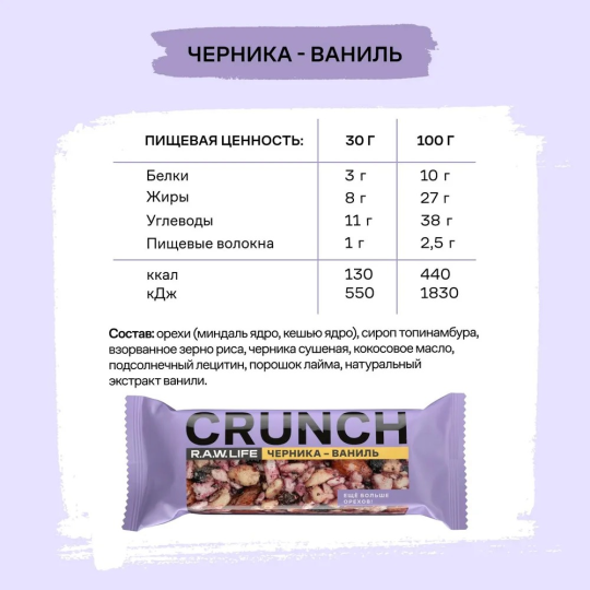 Батончики без сахара CRUNCH 12шт 30гр R.A.W. LIFE ассорти: Кокос-Миндаль, Пекан-Кешью, Черника-Ваниль