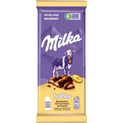 Шо­ко­лад мо­лоч­ный по­ри­стый «Milka» Bubbles, с ба­на­но­во-йо­гур­то­вой на­чин­кой, 87 г