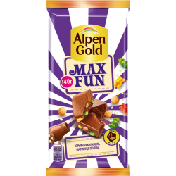 Шо­ко­лад мо­лоч­ный «Alpen Gold» Max Fun, со взрыв­ной ка­ра­ме­лью, мар­ме­ла­дом и пе­че­ньем, 140 г